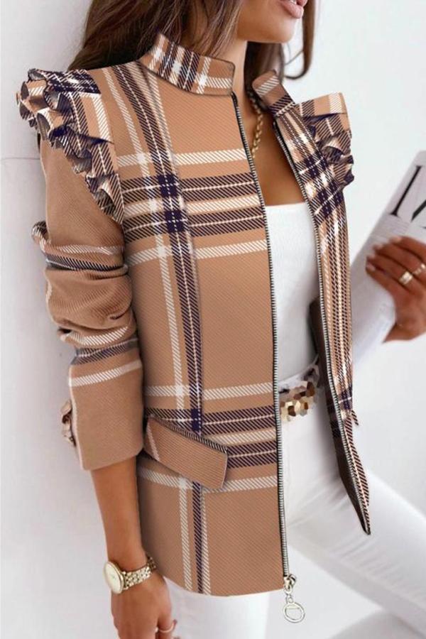 Melrose Plaid Print Ruffles Sleeve Zipper Up Coat-consonak