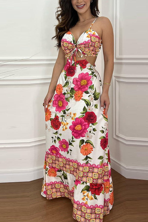 Mexico Style Tropical Print Ring Cutout Lace-up Vacation Maxi Dress-consonak