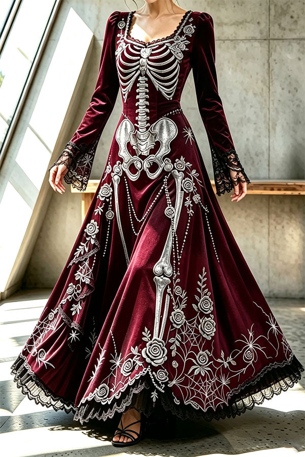 Royal-style Halloween Skull Print Square Neck Long Sleeve Flare Maxi Dress-Consonak