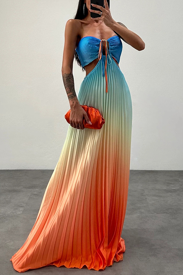 Get Ready Beautiful Gradient Print Cutout Halterneck Pleated Maxi Dress-consonak