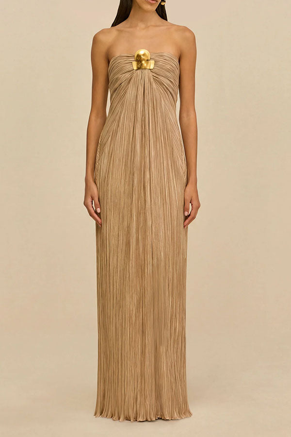 Golden Hour Metallic Pleated Strapless Maxi Dress-Consonak