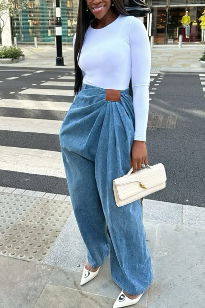 Stylish Pleated Casual Pocket Wide-leg Jeans-consonak