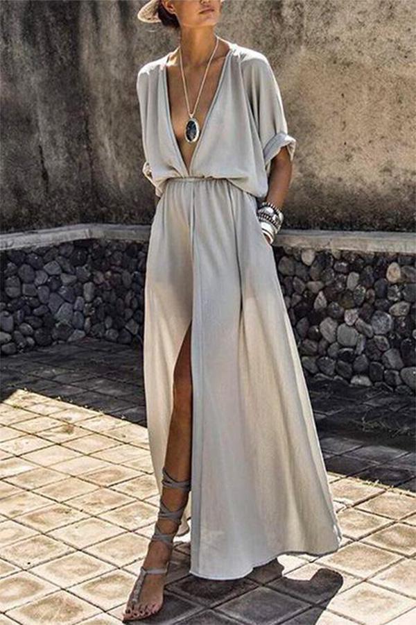 Deep V-neck Solid Color Mid-sleeve Large Swing Skirt Split Long Dress-consonak
