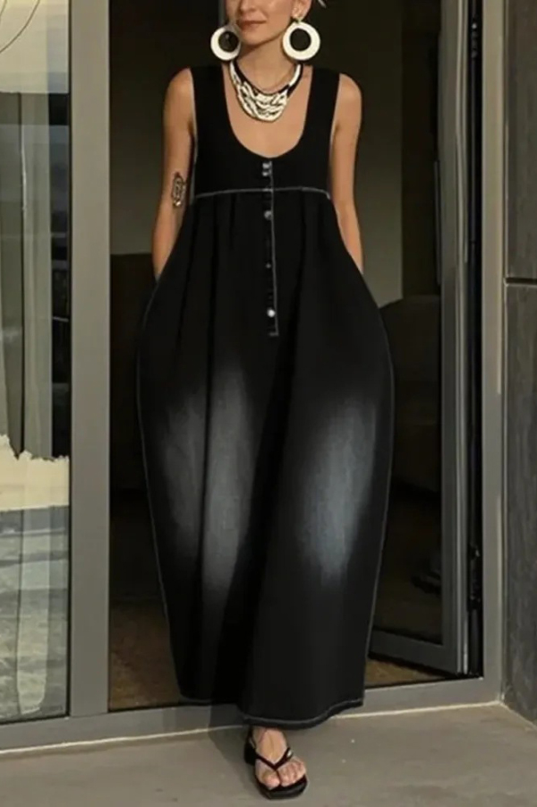 Stylish Sleeveless Loose-fitting Pocket Casual Denim Maxi Dress | Consonak