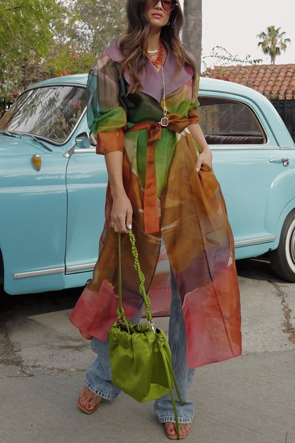 Vibrantly Color Organza Printed Tie-Waist Pocket Lapel Mid-Length Trench Coat