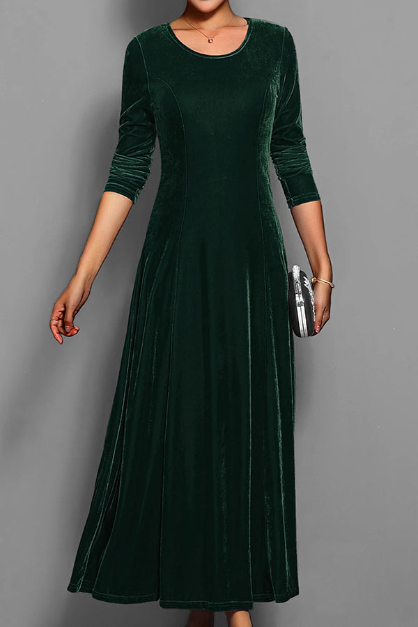 Solid Color Velvet Round Neck Long Sleeve Slim Midi Dress-consonak