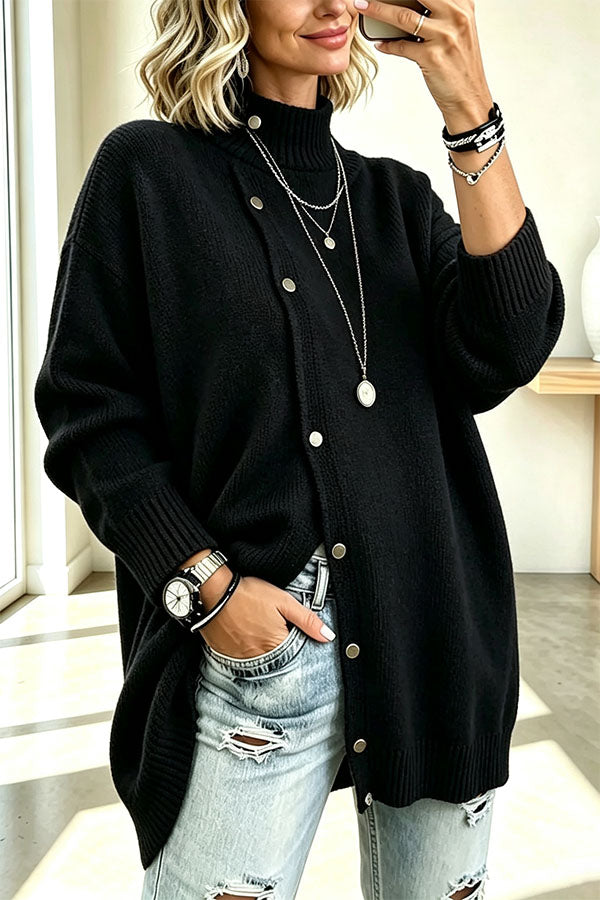 Warm Season Knit Turtleneck Button-down Long Sleeve Loose Sweater-Consonak
