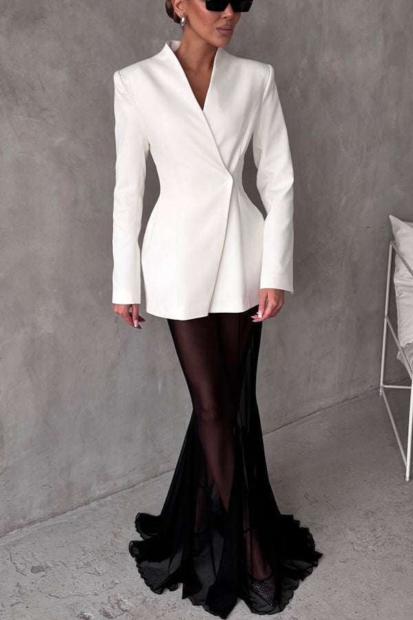 Long sleeved satin top S V collar single button long sleeved set | Consonak