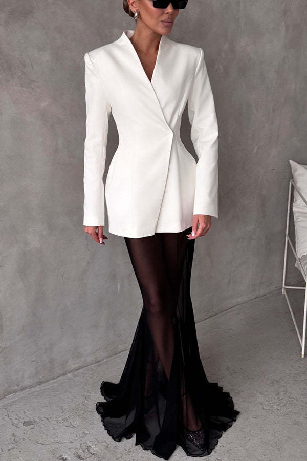 Long sleeved satin top S V collar single button long sleeved set-consonak