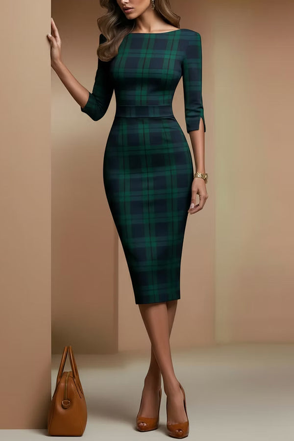 Plaid Print Half Sleeves Fitted Elegant Midi Dress-consonak