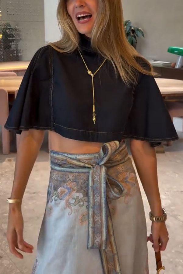 Next Vacation Denim Mock Neck Short Flutter Sleeves Crop Top | Consonak