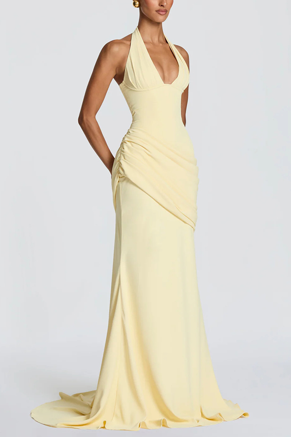 Nehemia Halter V-neck Back Lace-up Asymmetric Pleated Panel Drapes Maxi Dress-consonak