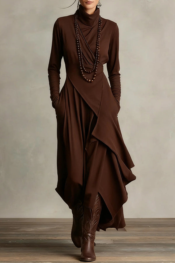 Solid Color High-neck Long-sleeved Irregular Casual Maxi Dress-consonak