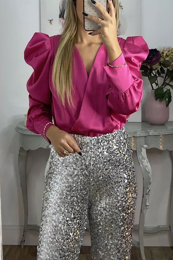 Perfectly Adored Satin Crossover Neckline Puff Sleeve Blouse-consonak