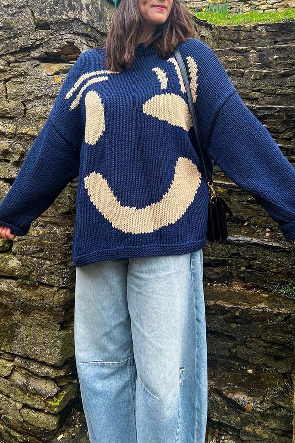 Feel Good Knit Colorful Smiley Face Loose Pullover Sweater-consonak