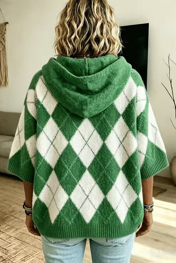 Comfortable and Casual Knit Color-blocked Plaid Print Half Sleeve Hoodie Sweater-Consonak