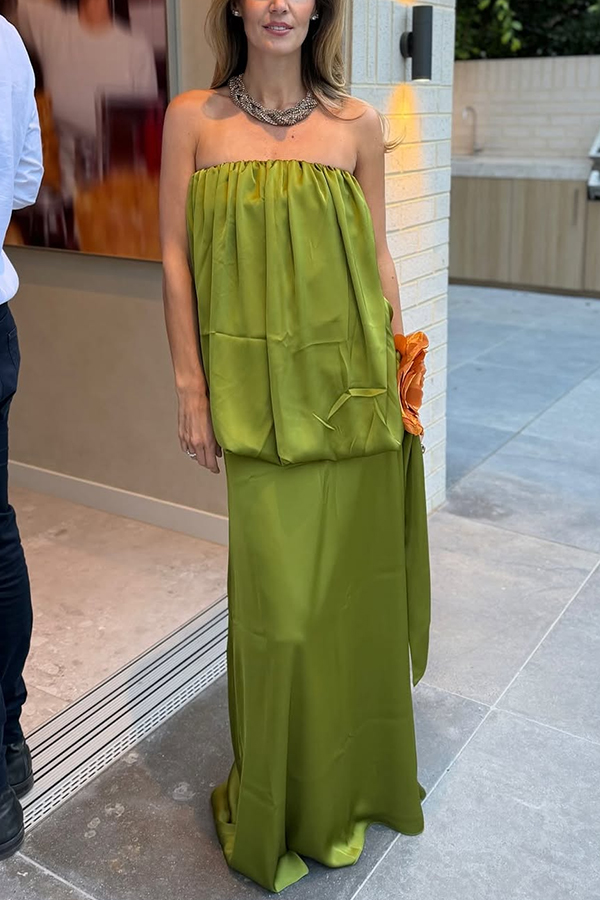 Simple Elegant Satin Voluminous Floral Detail Strapless Top and Elastic Waist Drape Maxi Skirt Set-consonak