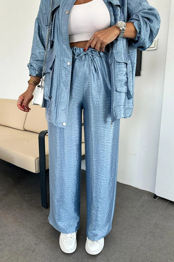 Easy on Me Metallic Fabric Elastic Waist Pocketed Wide Leg Pants | Consonak