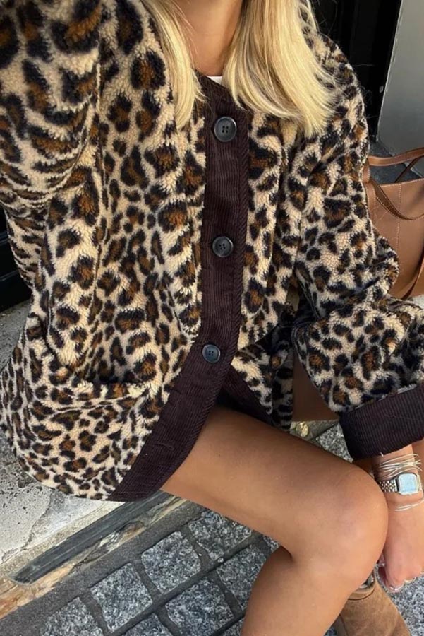Warm Feel Colorblock Leopard Print Plush Button Up Pocketed Teddy Jacket-consonak