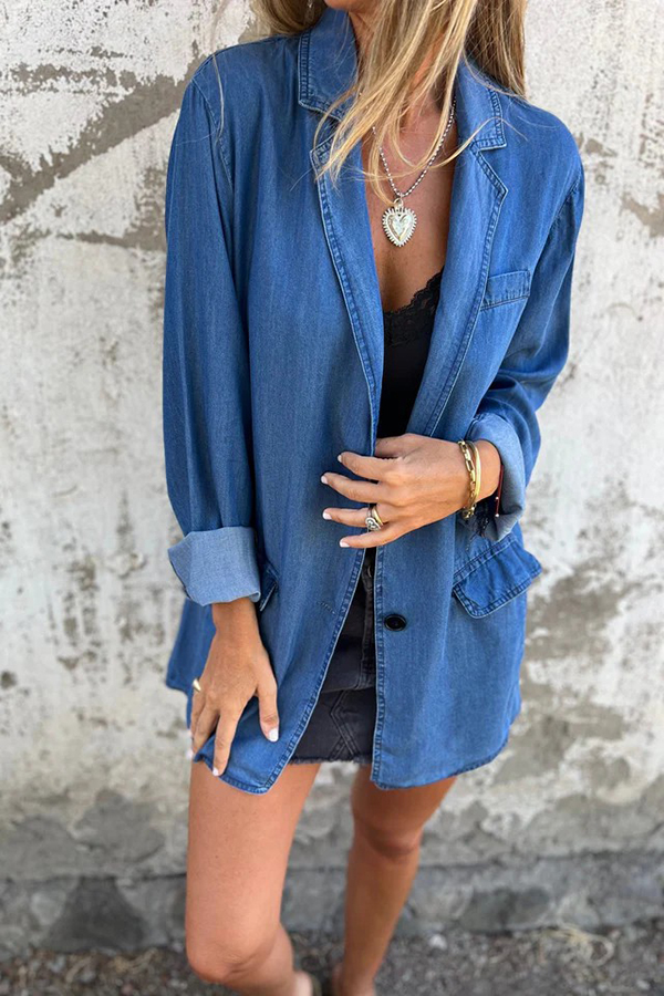 Fashionable Lapel Casual Loose Long Sleeve Denim Jacket-consonak