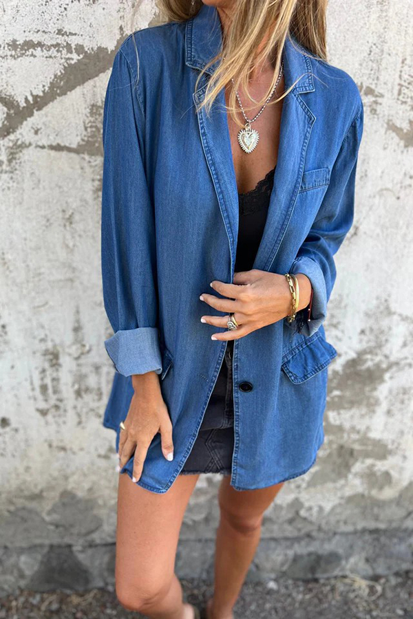 Fashionable Lapel Casual Loose Long Sleeve Denim Jacket-consonak