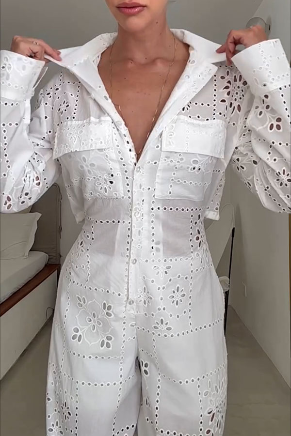 Vivi Embroidered Lace Cutout Long Sleeve Pocket Elastic Waist Loose Shirt Jumpsuit