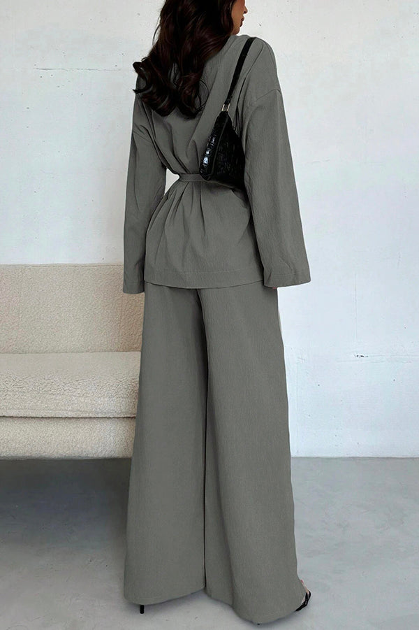 Solid Color Collared Long-sleeved Tie-waist Loose Top and Elastic Waist Casual Wide-leg Pants Set-consonak