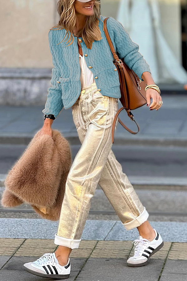 Solid Color V-neck Long-sleeved Loose Pocket Knit Cardigan-consonak