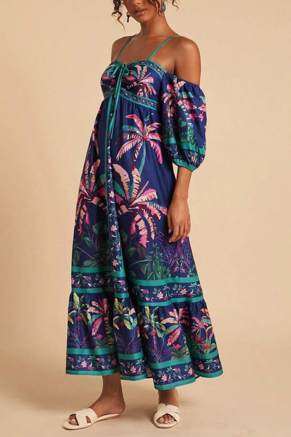 Coconut Tree Print Off-shoulder Half Sleeve Casual Vacation Maxi Dress