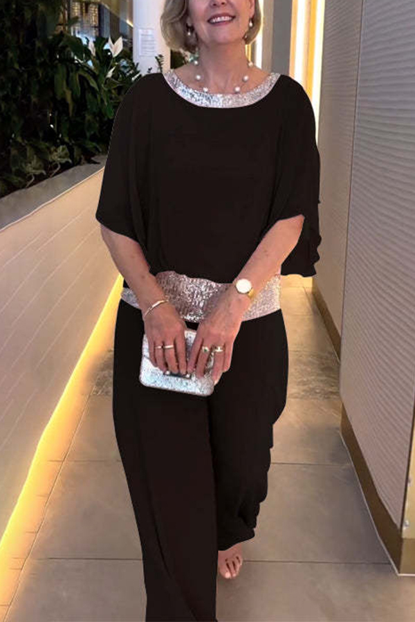 Stylish Sequin Patchwork Dolman Sleeve Top and Elastic Waist Wide Leg Pants Set-consonak