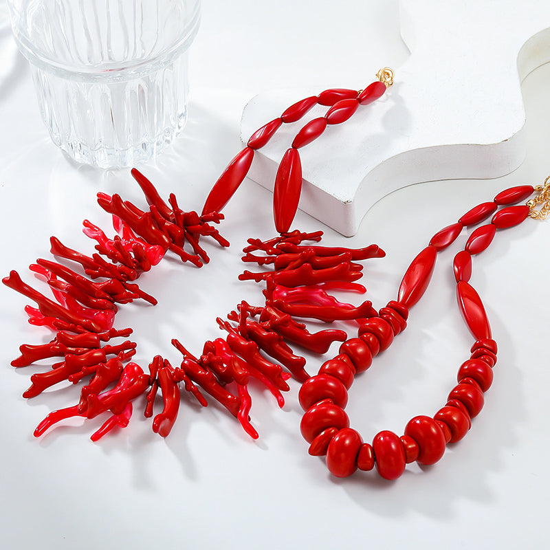 Bohemian Red Coral Necklace Two-piece Set | Consonak