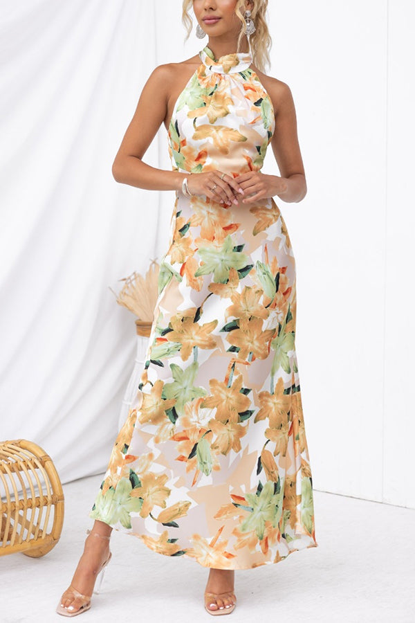 Happier Now Satin Floral Halter Maxi Dress | Consonak