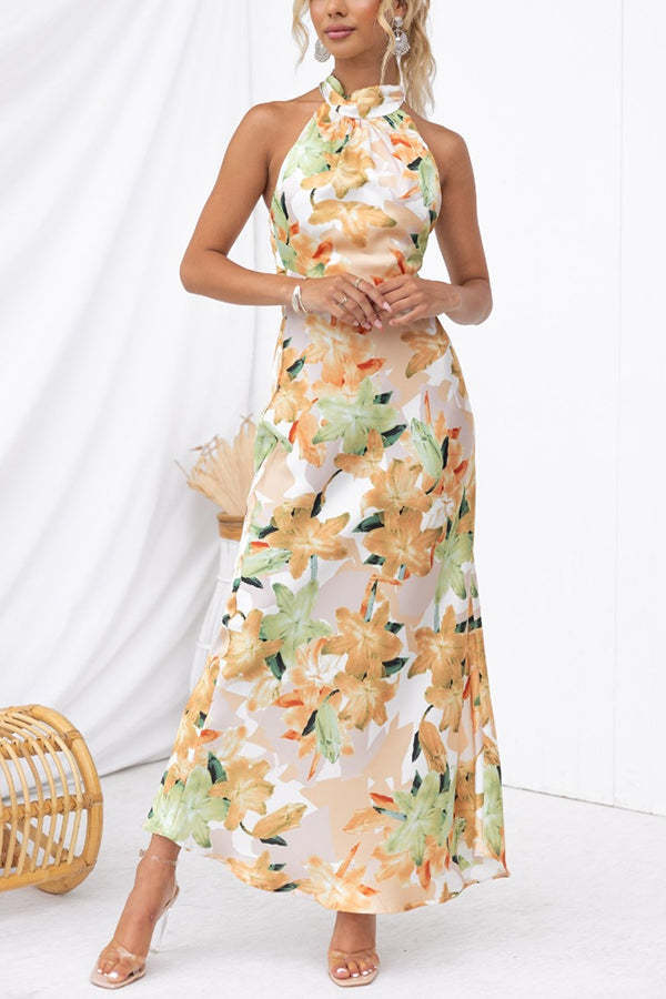 Happier Now Satin Floral Halter Maxi Dress-consonak