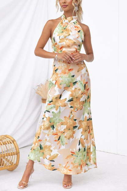 Happier Now Satin Floral Halter Maxi Dress-consonak