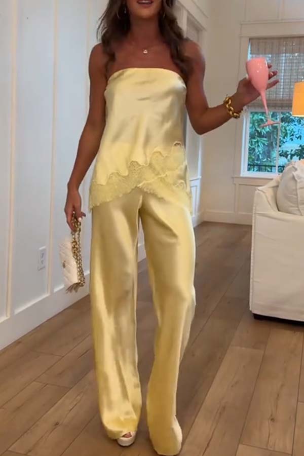 Odessa Satin Floral Lace Hem Strapless Tank and Mid Rise Wide Leg Pants Set-consonak