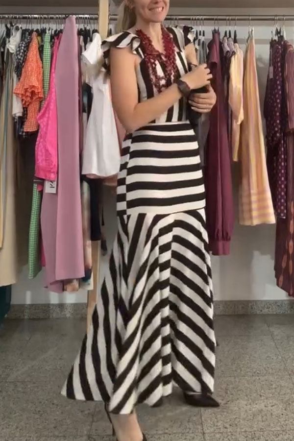 Rosha Striped Square Neck Ruffles Sleeve Smocked Top and High Rise Flare Skirt Set