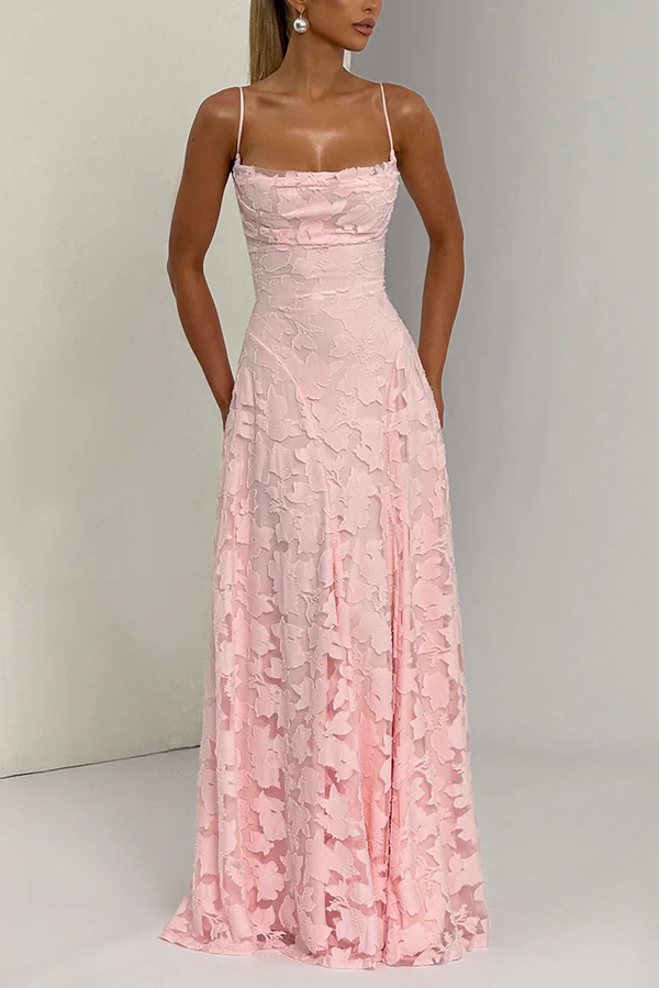 Francis Custom Floral Burnout Fabric Cowl Neck Back Lace-up Maxi Dress