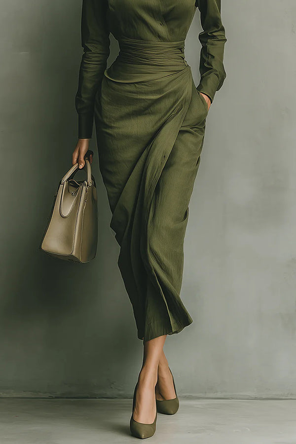 Solid Color Lapel Long Sleeve Pocket Slim-fit Asymmetrical Midi Dress-consonak