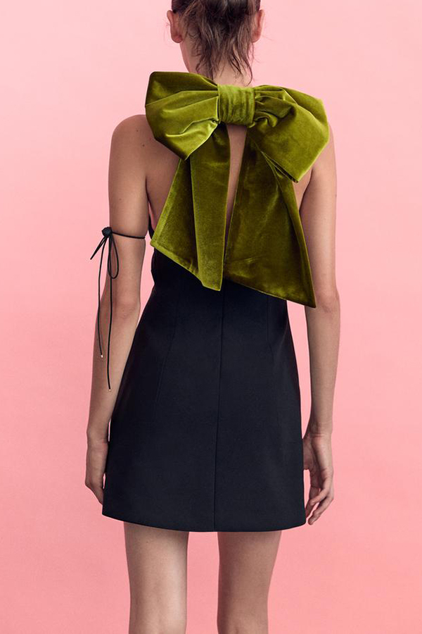 Sweet Party Contrast Back Velvet Bow Detail Mini Dress-consonak