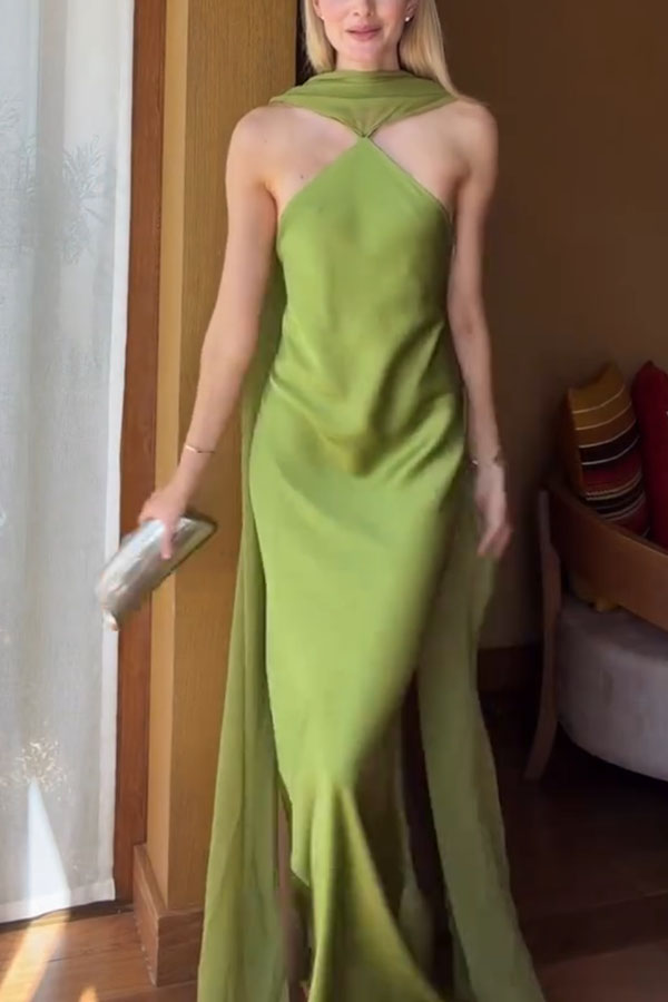 Elegant and Refined Satin Detachable Scarf-style Halter Maxi Dress | Consonak