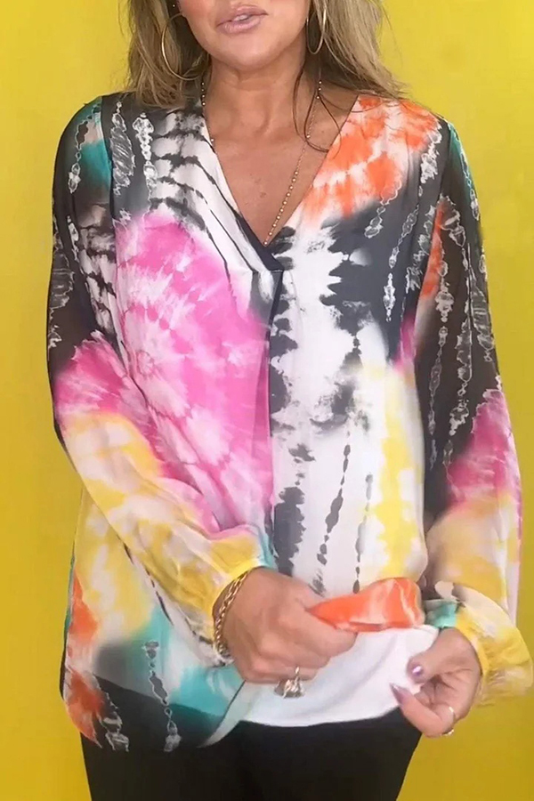 Fashionable Gradient Tie-dye V-neck Long-sleeved Casual Shirt-consonak
