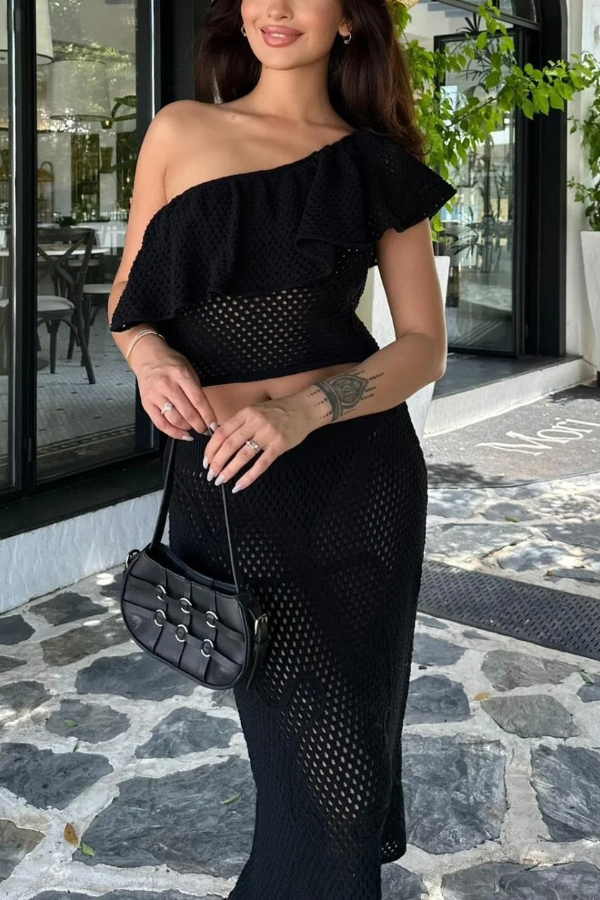 Solid Color One-shoulder Ruffled Openwork Top and Elastic Waist Holiday Knit Maxi Skirt Cover-up Set-consonak