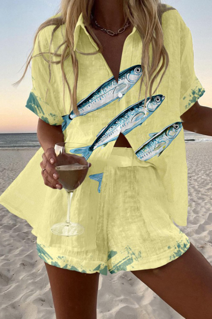 Sardine Print Loose Button Elastic Waist Shorts Set