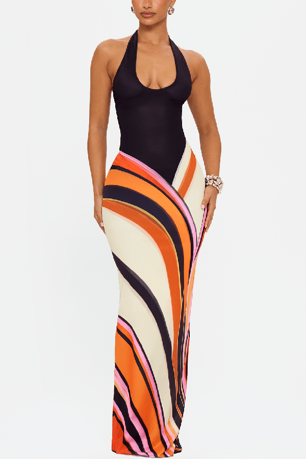 Summer Newness Colorblock Swirl Print Halter Neck Stretch Maxi Dress | Consonak
