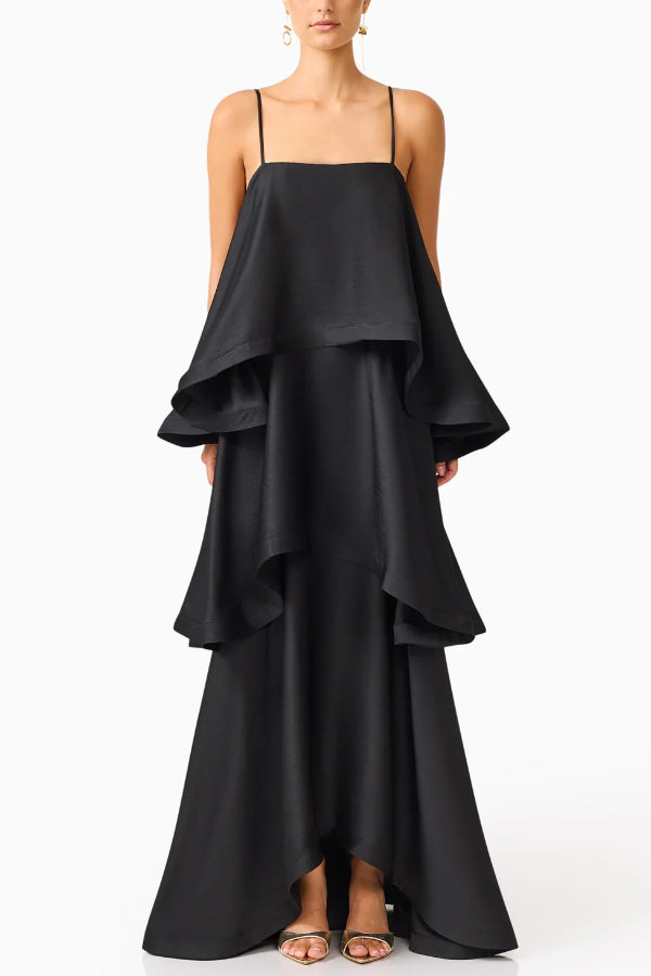 Soft and Smooth Satin Tiered Slip Square Neck A-line Maxi Dress | Consonak