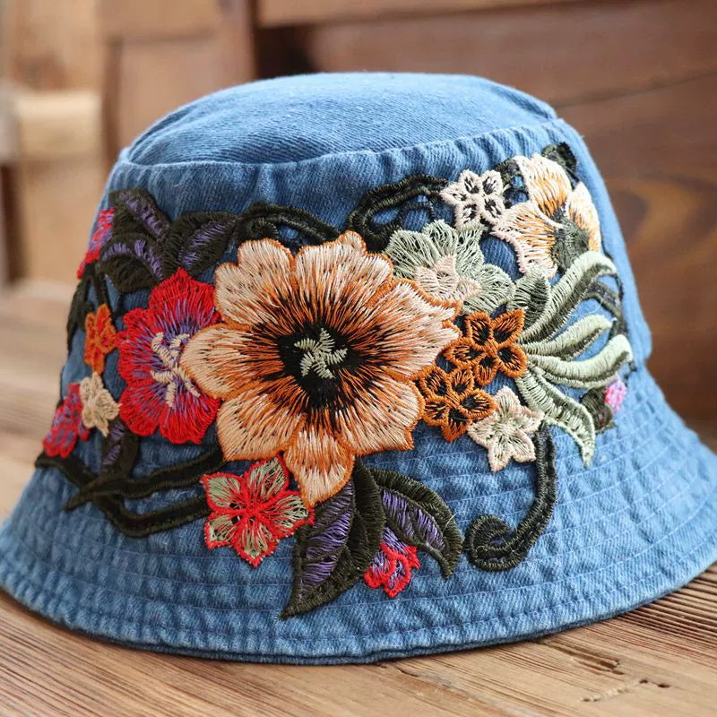 Fashionable Ethnic Style Embroidered Denim Bucket Hat-consonak