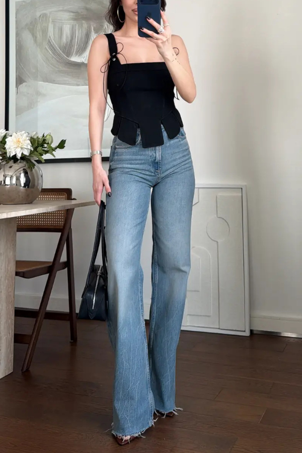 lily Linen Blend square neck Tie Shoulder Straps slit hem tank