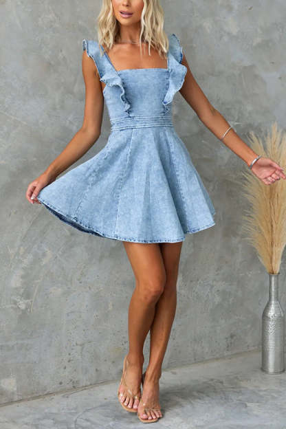 Sweet Secret Denim Square Neck Ruffle Sleeve Stretch Mini Dress-consonak