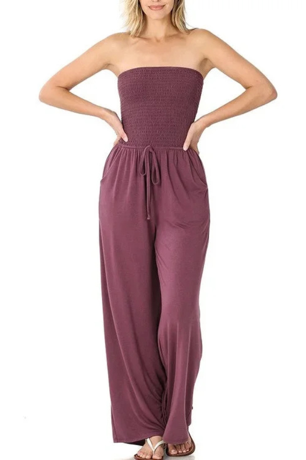 Solid Color Sleeveless Off-shoulder Pleated Loose Pocket Casual Wide-leg Jumpsuit-consonak