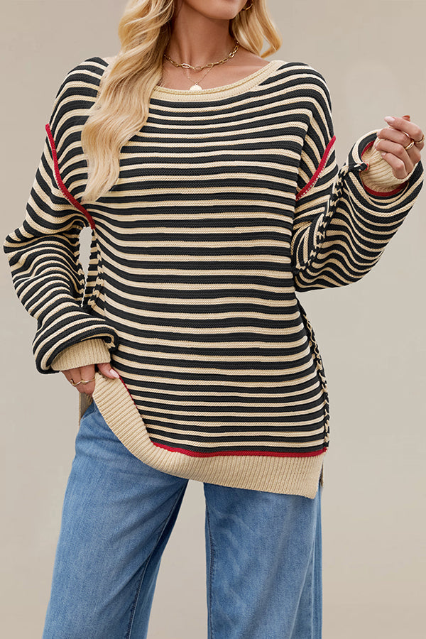 Striped Knit Loose-fitting Crew Neck Long-sleeved Casual Sweater-consonak